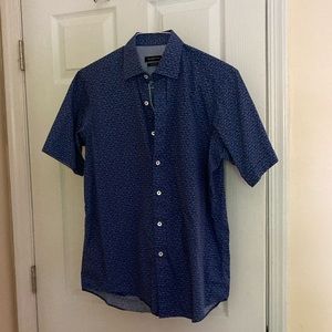 Bugatchi Small Collared Short Sleeve Blue Patterned Shirt